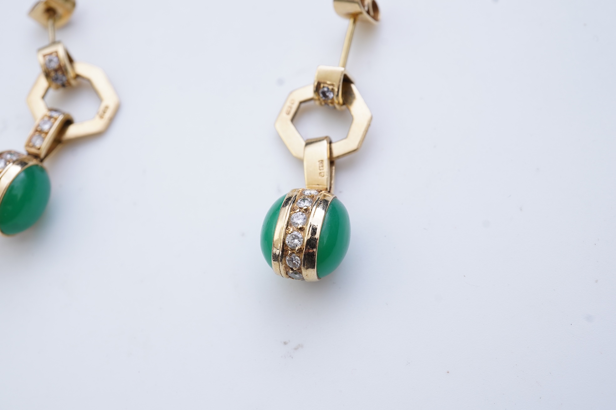 A pair of chalcedony and diamond earrings